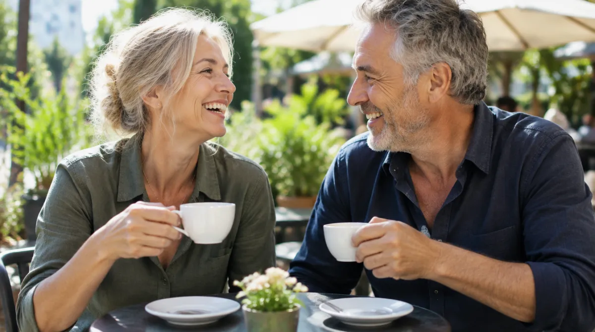 A couple in their fifties laughing together over coffee at an outdoor cafe